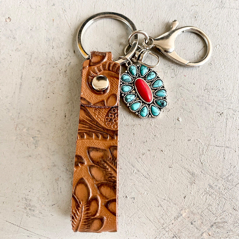 Wholesale 2pcs Vintage Embossed Cowhide Western Style Turquoise Pumpkin Flower Textured Cowhide Keychains